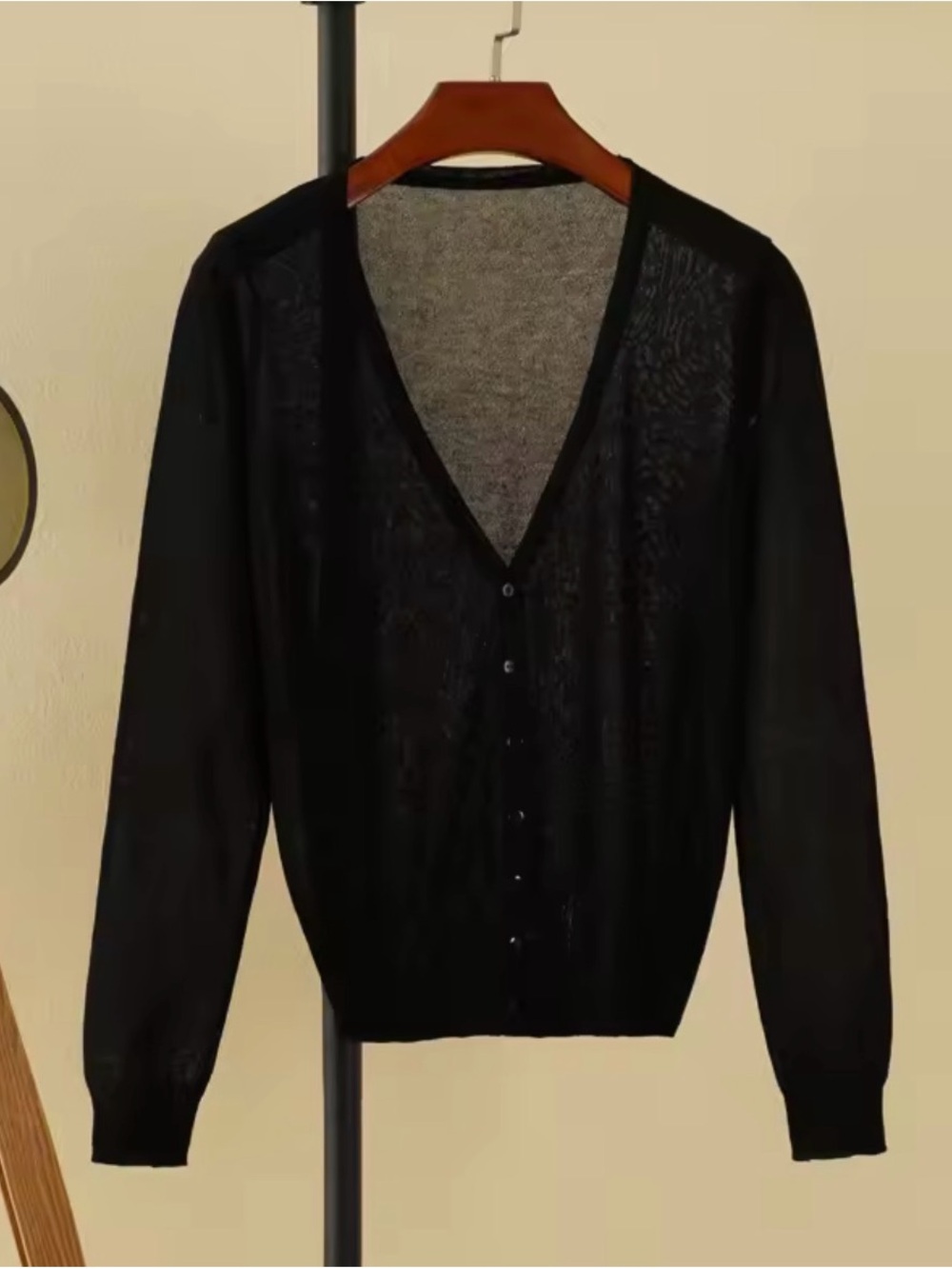 Classic Black V-Neck Sheer Button Cardigan - Women's Lightweight Layer